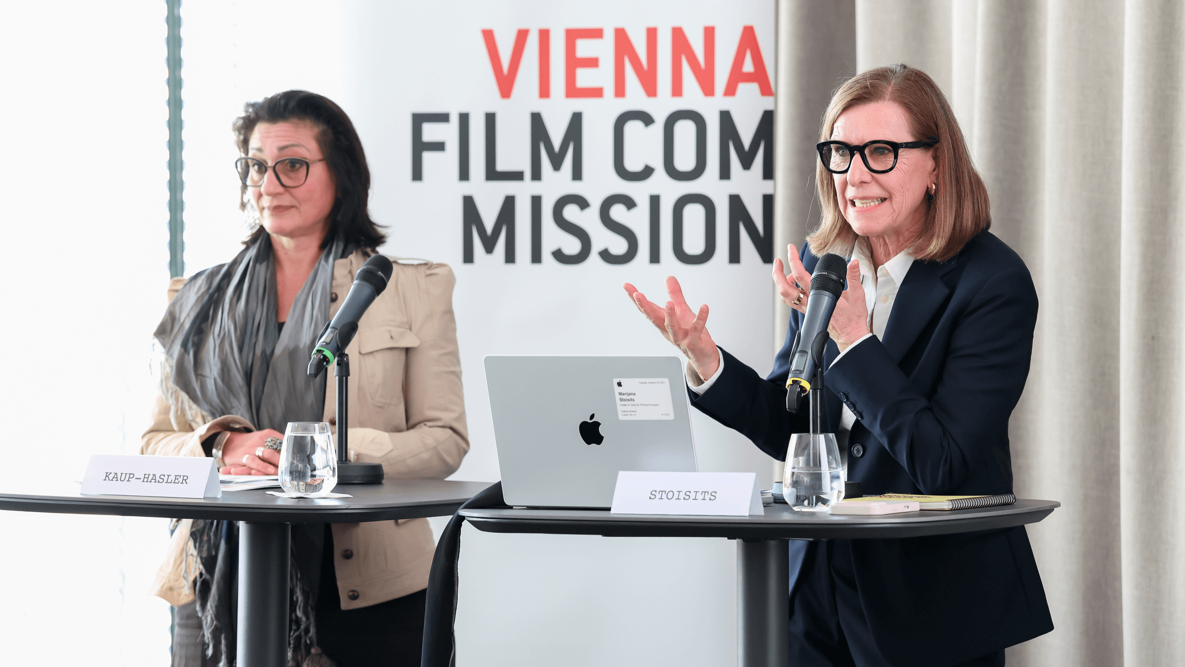 Pressekonferenz Vienna Film Commission 25.2.2026, v.l.n.r.: Kulturstadträtin Veronica Kaup-Hasler, Geschäftsführerin der Vienna Film Commission Marijana Stoisits
